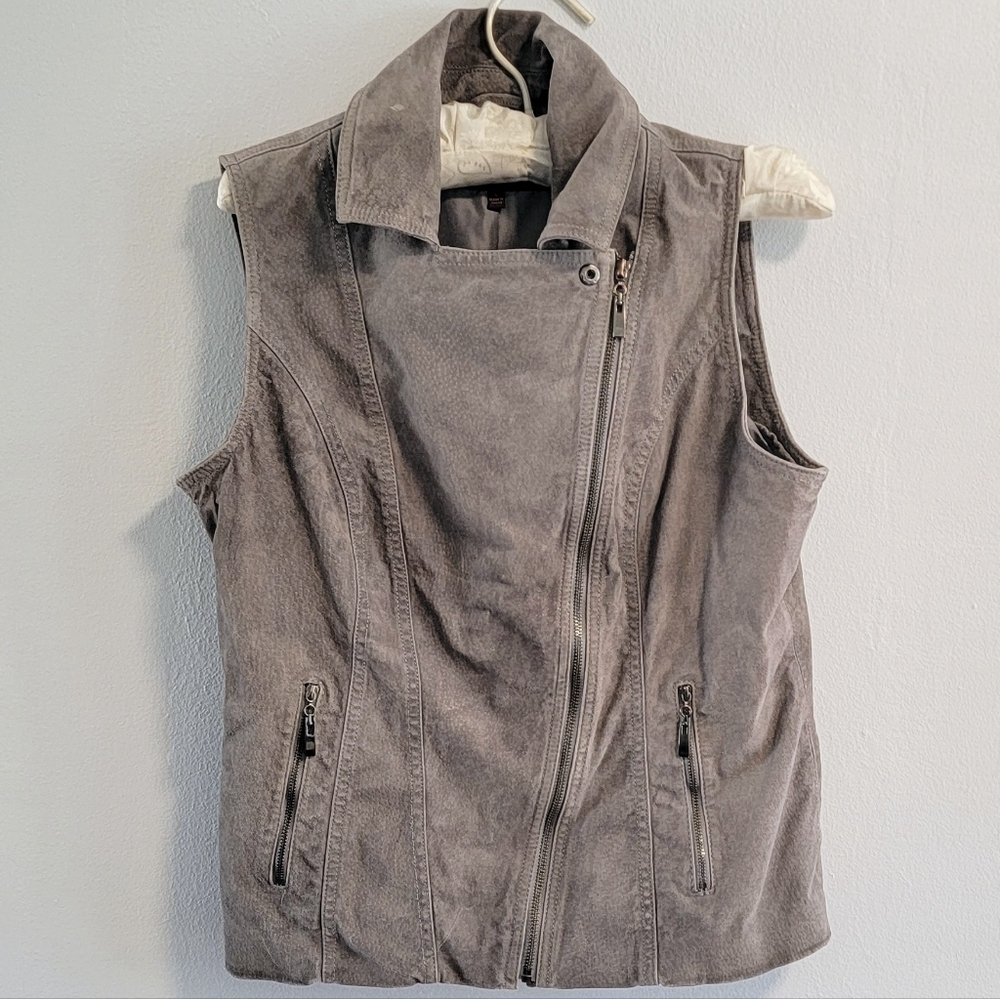 Y2K L Genuine Leather Asymetrical Moto Vest Gray Rebel Edgy Bikercore Boho Rock - Picture 2 of 11